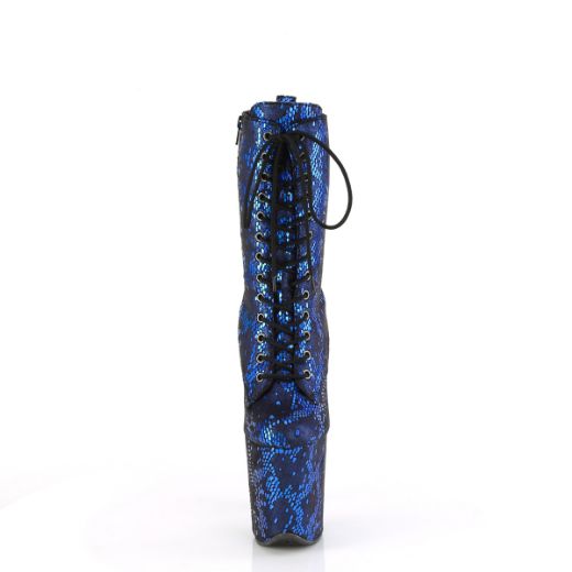 Product image of Pleaser FLAMINGO-1040SPF Blue Metallic Snake Print Fabric/M 8 Inch Heel 4 Inch PF Lace-Up Front Ankle Boot Side Zip