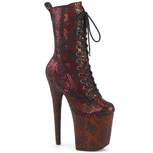 Product image of Pleaser FLAMINGO-1040SPF Red Metallic Snake Print Fabric/M 8 Inch Heel 4 Inch PF Lace-Up Front Ankle Boot Side Zip