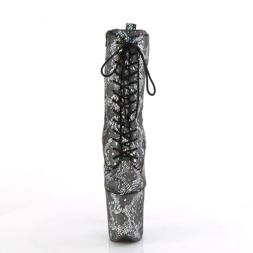 Product image of Pleaser FLAMINGO-1040SPF Silver Metallic Holo Snake Print Fabric/M 8 Inch Heel 4 Inch PF Lace-Up Front Ankle Boot Side Zip