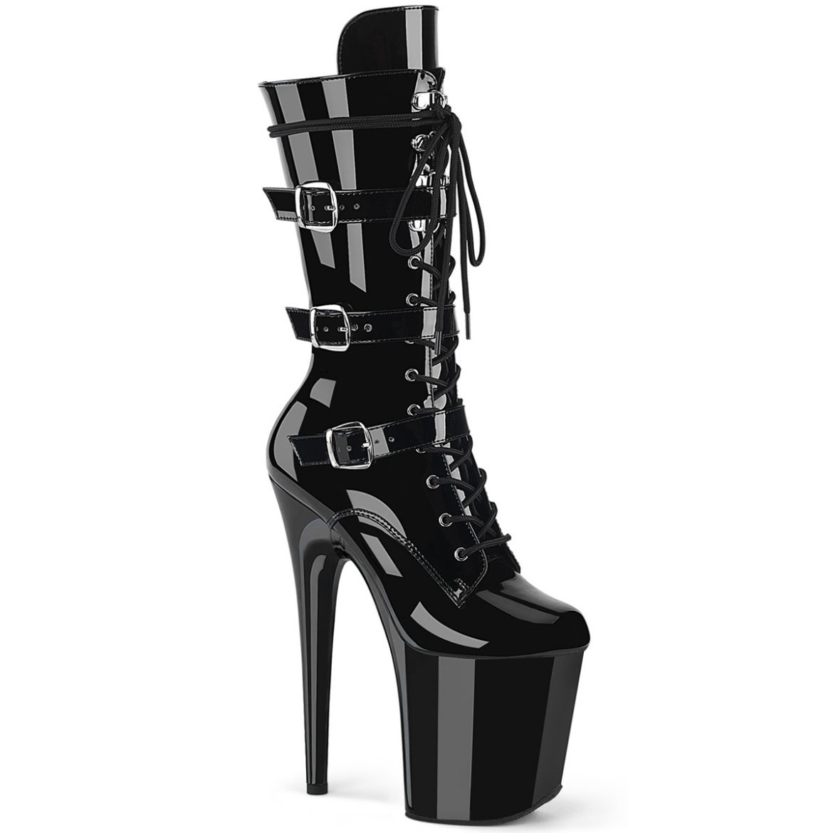 Product image of Pleaser FLAMINGO-1053 Blk Pat/Blk 8 Inch Heel 4 Inch PF Lace-Up Buckled Mid-Calf Boot Side Zip