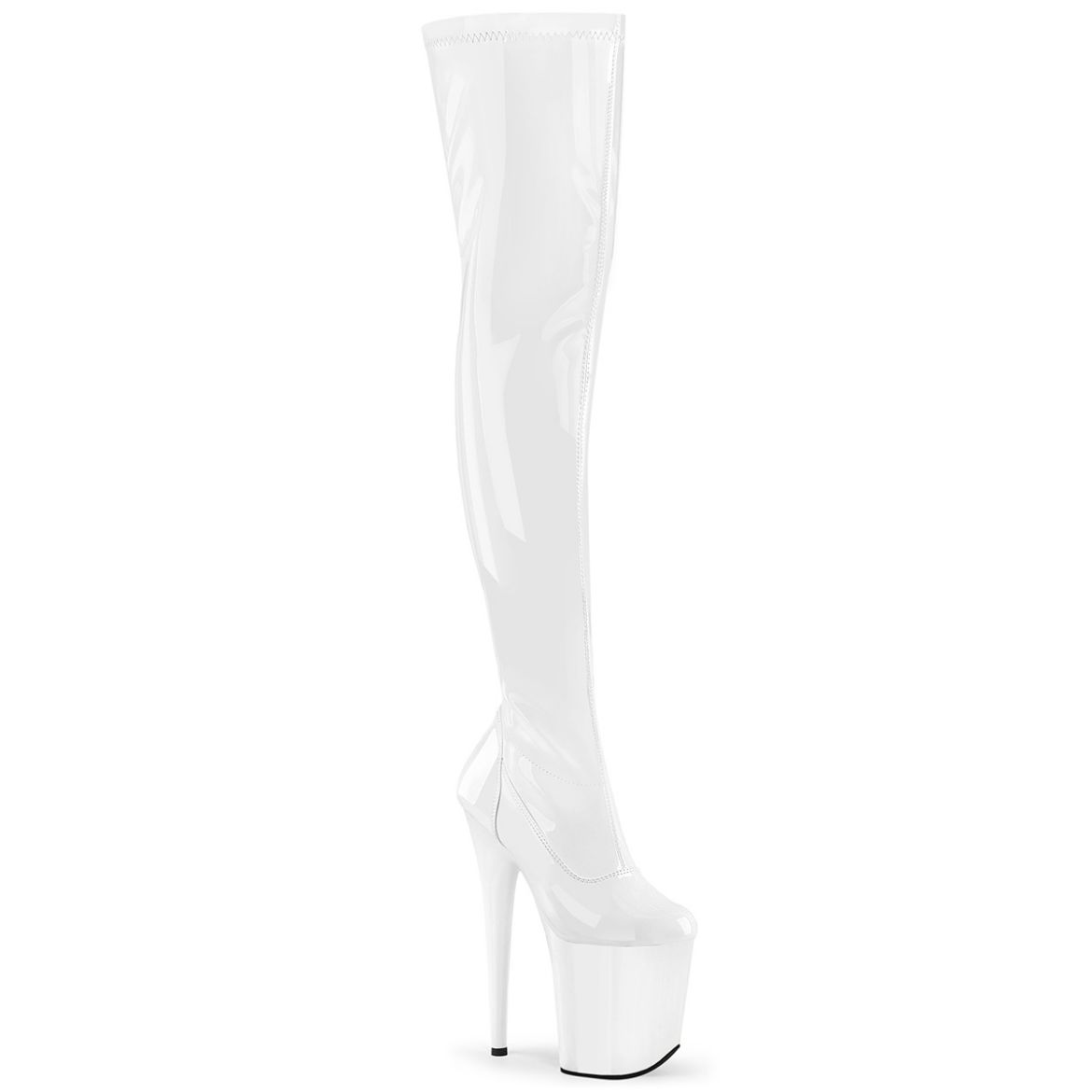 Product image of Pleaser FLAMINGO-3000 Wht Str Pat/Wht 8 Inch Heel 4 Inch PF Stretch Thigh Boot Side Zip