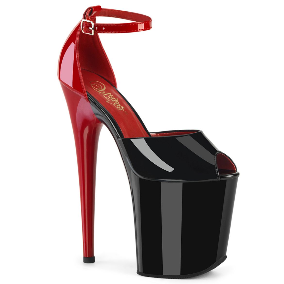 Product image of Pleaser FLAMINGO-868 Blk-Red Pat/Blk Red 8 Inch Heel 4 Inch PF Close Back Ankle Strap Sandal