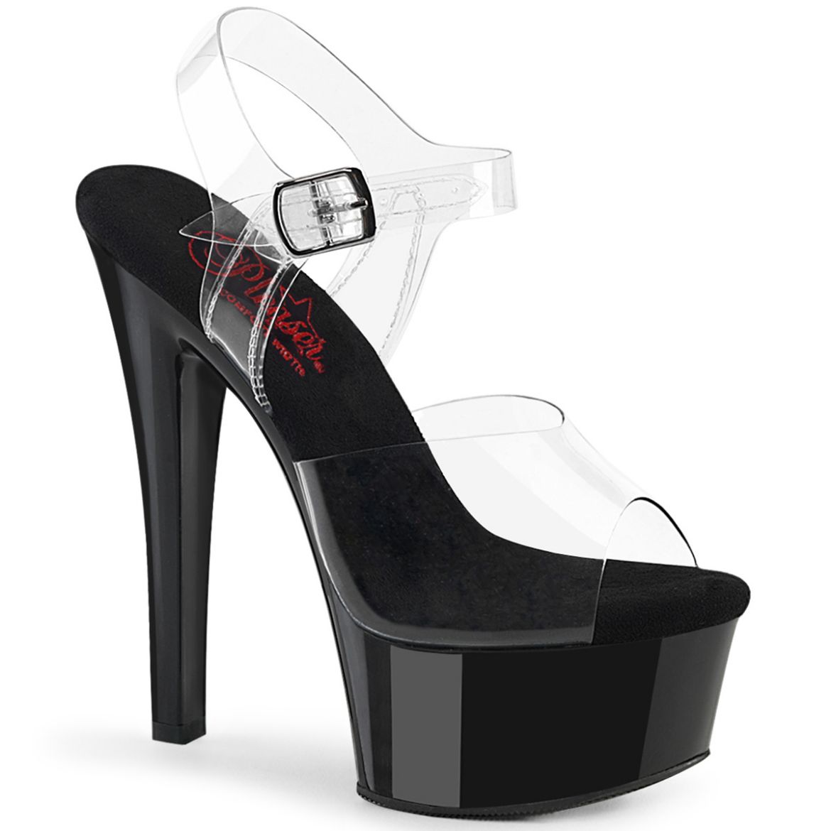 Product image of Pleaser GLEAM-608 Clr/Blk 6 Inch Heel 1 3/4 Inch PF Comfort Width Ankle Strap Sandal