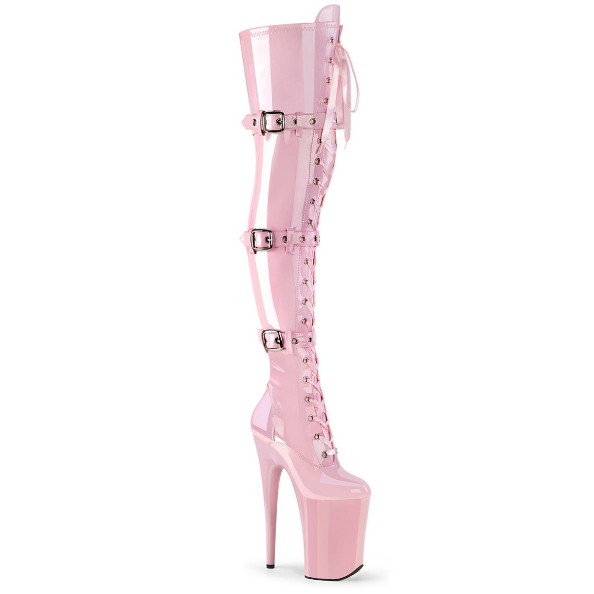Product image of Pleaser INFINITY-3028 B. Pink Str Pat/B. Pink 9 Inch Heel 5 1/4 Inch PF Buckled Lace Up Thigh Boot Side Zip