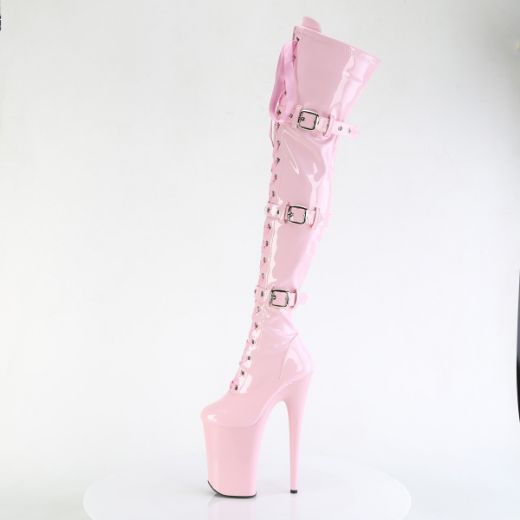Product image of Pleaser INFINITY-3028 B. Pink Str Pat/B. Pink 9 Inch Heel 5 1/4 Inch PF Buckled Lace Up Thigh Boot Side Zip