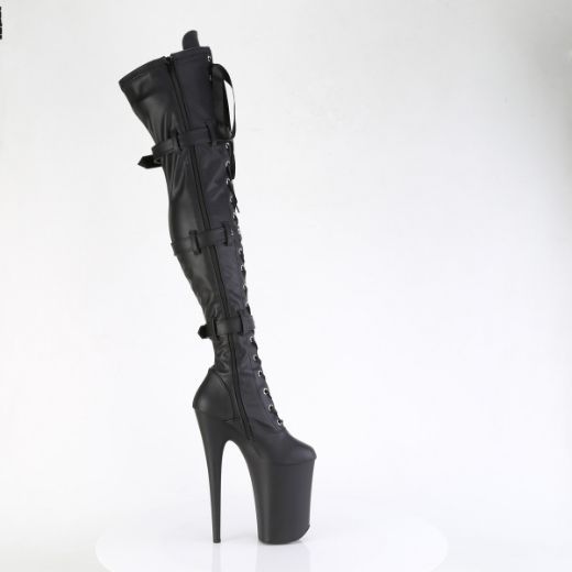 Product image of Pleaser INFINITY-3028 Blk Str Faux Le/Blk Matte 9 Inch Heel 5 1/4 Inch PF Buckled Lace Up Thigh Boot Side Zip