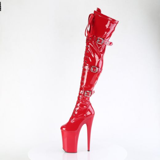 Product image of Pleaser INFINITY-3028 Red Str Pat/Red 9 Inch Heel 5 1/4 Inch PF Buckled Lace Up Thigh Boot Side Zip