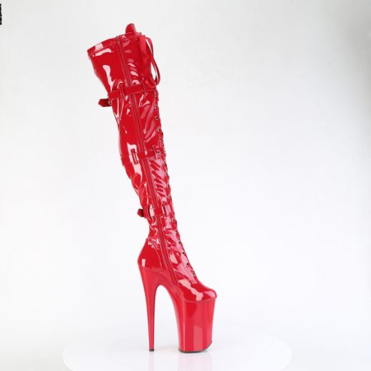 Product image of Pleaser INFINITY-3028 Red Str Pat/Red 9 Inch Heel 5 1/4 Inch PF Buckled Lace Up Thigh Boot Side Zip