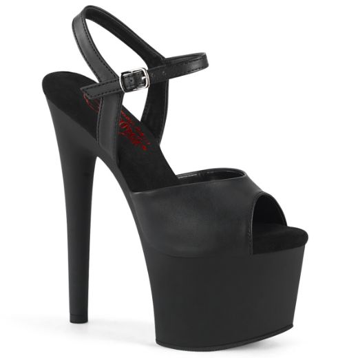 Product image of Pleaser PASSION-709 Blk Faux Le/Blk Matte 7 Inch Heel 2 3/4 Inch PF Comfort Width Ankle Strap Sandal