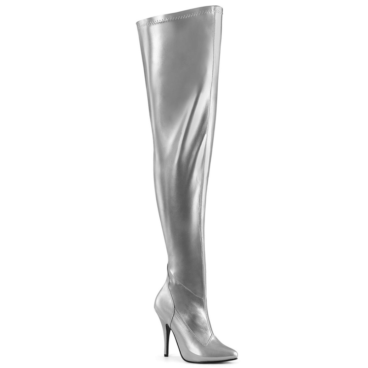 Product image of Pleaser SEDUCE-3000WC Slv Str Metallic Pu 5 Inch Heel Stretch Wide Calf Thigh Boot Side Zip