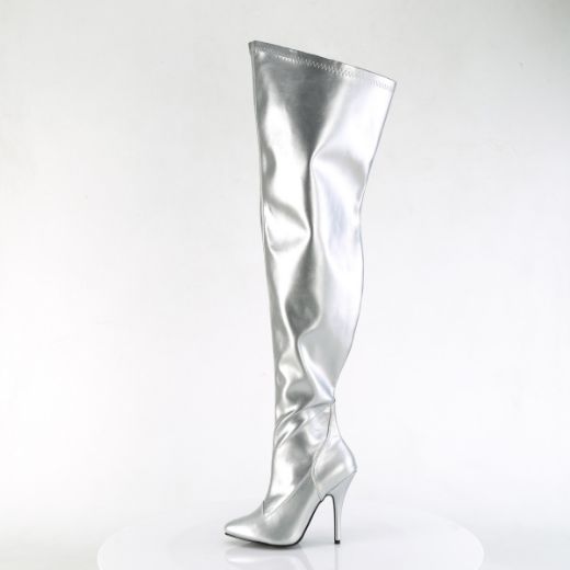 Product image of Pleaser SEDUCE-3000WC Slv Str Metallic Pu 5 Inch Heel Stretch Wide Calf Thigh Boot Side Zip