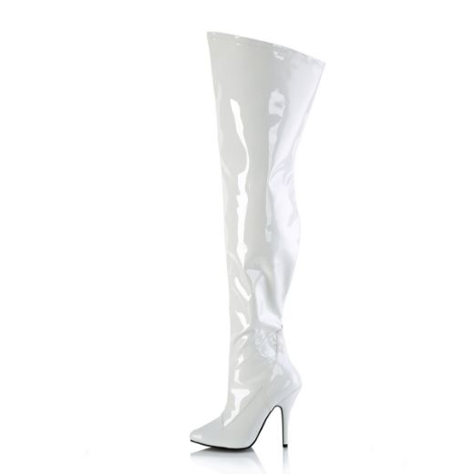 Product image of Pleaser SEDUCE-3000WC Wht Str Pat 5 Inch Heel Stretch Wide Calf Thigh Boot Side Zip