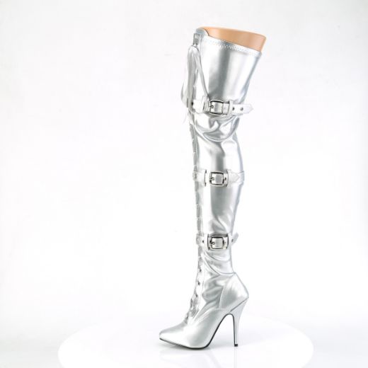 Product image of Pleaser SEDUCE-3028 Slv Str Metallic Pu 5 Inch Heel Lace-Up Buckle Strap Stretch Thigh Boot Side Zip