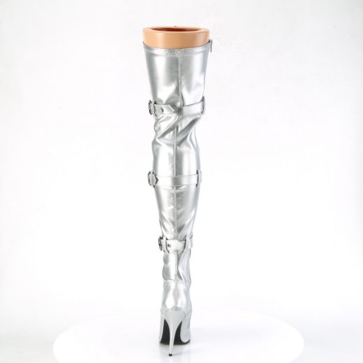 Product image of Pleaser SEDUCE-3028 Slv Str Metallic Pu 5 Inch Heel Lace-Up Buckle Strap Stretch Thigh Boot Side Zip