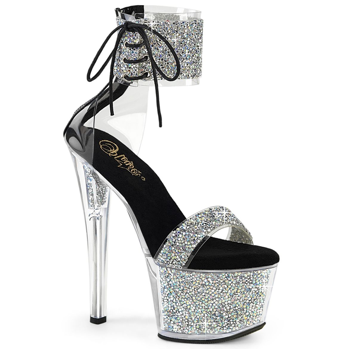 Product image of Pleaser SKY-327RSI Slv Multi RS-Blk/Slv RS 7 Inch Heel 2 3/4 Inch PF Ankle Cuff Sandal w/RS Back Zip