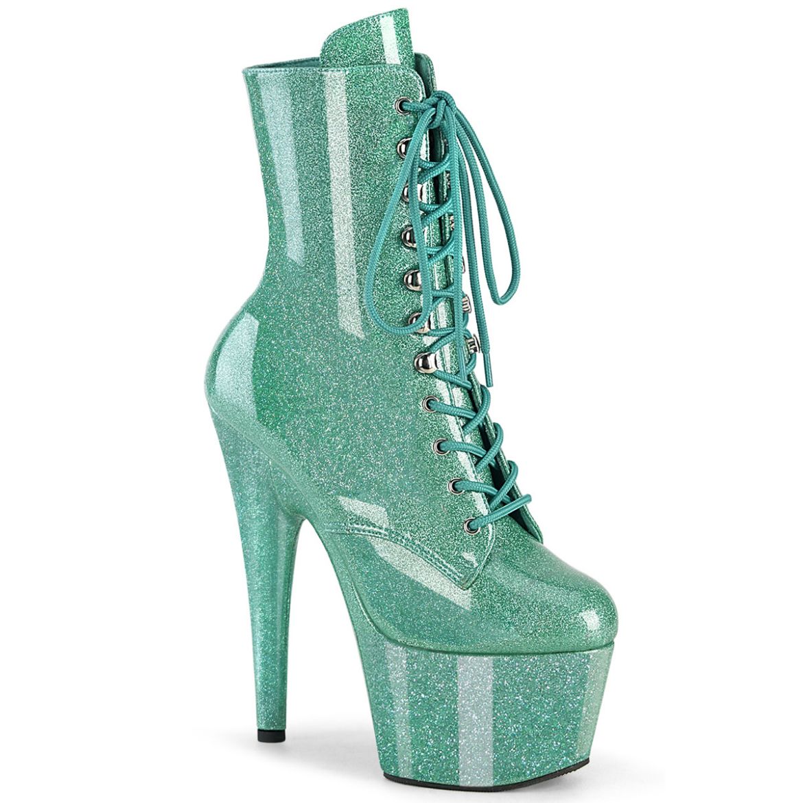 Product image of Pleaser ADORE-1020GP Aqua Glitter Pat/M 7 Inch Heel 2 3/4 Inch PF Lace-Front Ankle Boot Side Zip