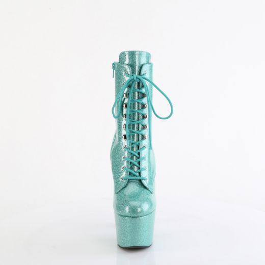 Product image of Pleaser ADORE-1020GP Aqua Glitter Pat/M 7 Inch Heel 2 3/4 Inch PF Lace-Front Ankle Boot Side Zip