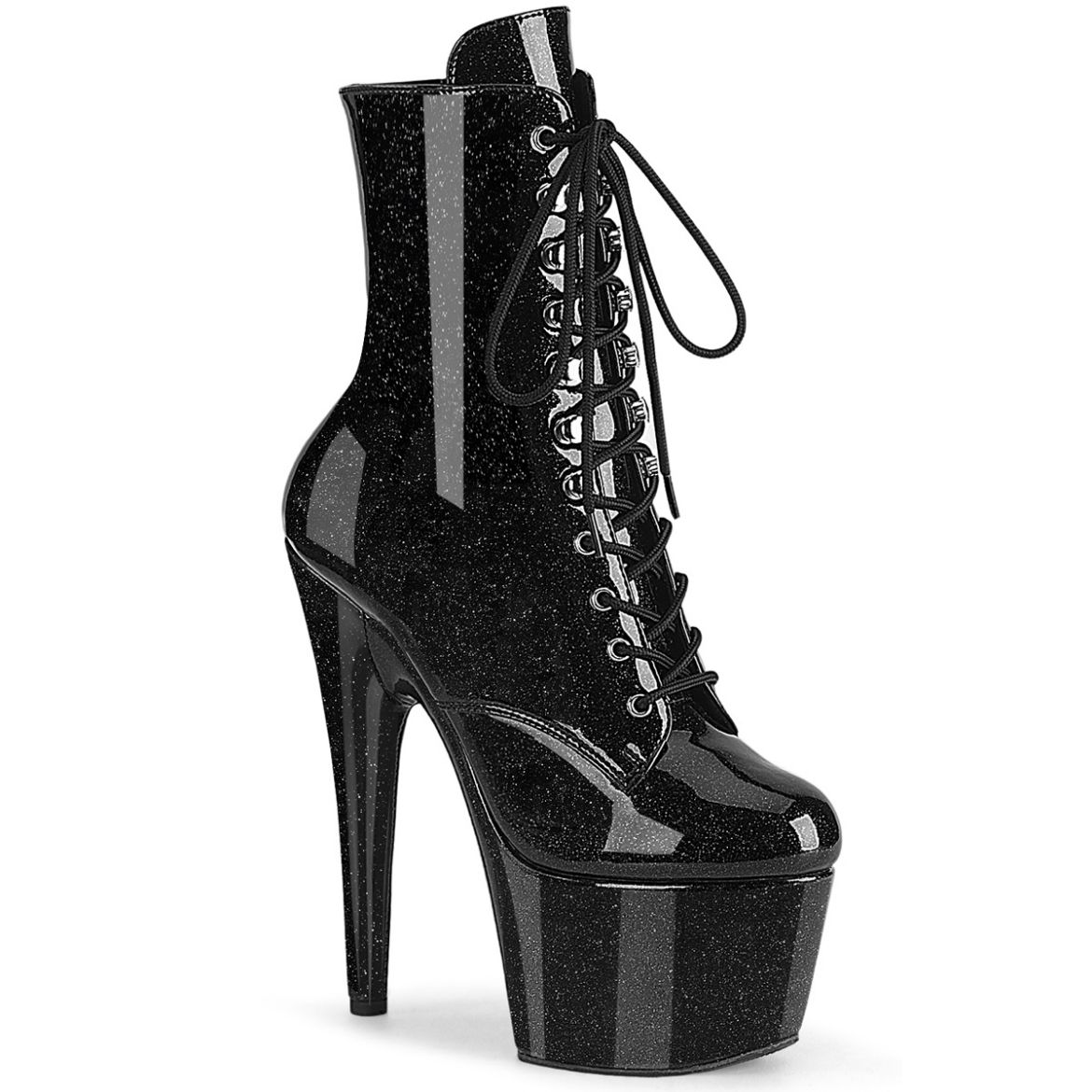 Product image of Pleaser ADORE-1020GP Blk Glitter Pat/M 7 Inch Heel 2 3/4 Inch PF Lace-Front Ankle Boot Side Zip