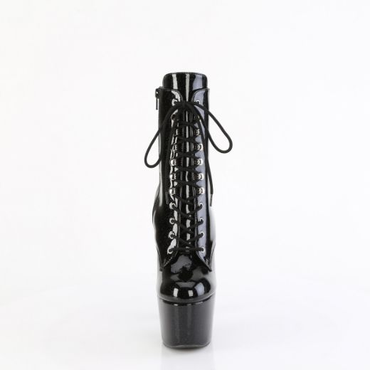 Product image of Pleaser ADORE-1020GP Blk Glitter Pat/M 7 Inch Heel 2 3/4 Inch PF Lace-Front Ankle Boot Side Zip