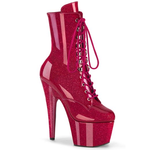 Product image of Pleaser ADORE-1020GP Fuchsia Glitter Pat/M 7 Inch Heel 2 3/4 Inch PF Lace-Front Ankle Boot Side Zip