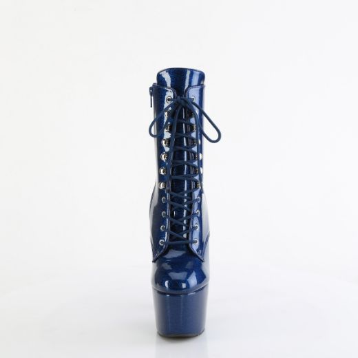 Product image of Pleaser ADORE-1020GP Navy Blue Glitter Pat/M 7 Inch Heel 2 3/4 Inch PF Lace-Front Ankle Boot Side Zip