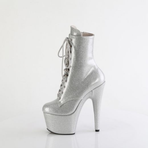 Product image of Pleaser ADORE-1020GP Slv Glitter Pat/M 7 Inch Heel 2 3/4 Inch PF Lace-Front Ankle Boot Side Zip