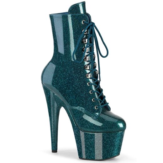 Product image of Pleaser ADORE-1020GP Teal Glitter Pat/M 7 Inch Heel 2 3/4 Inch PF Lace-Front Ankle Boot Side Zip