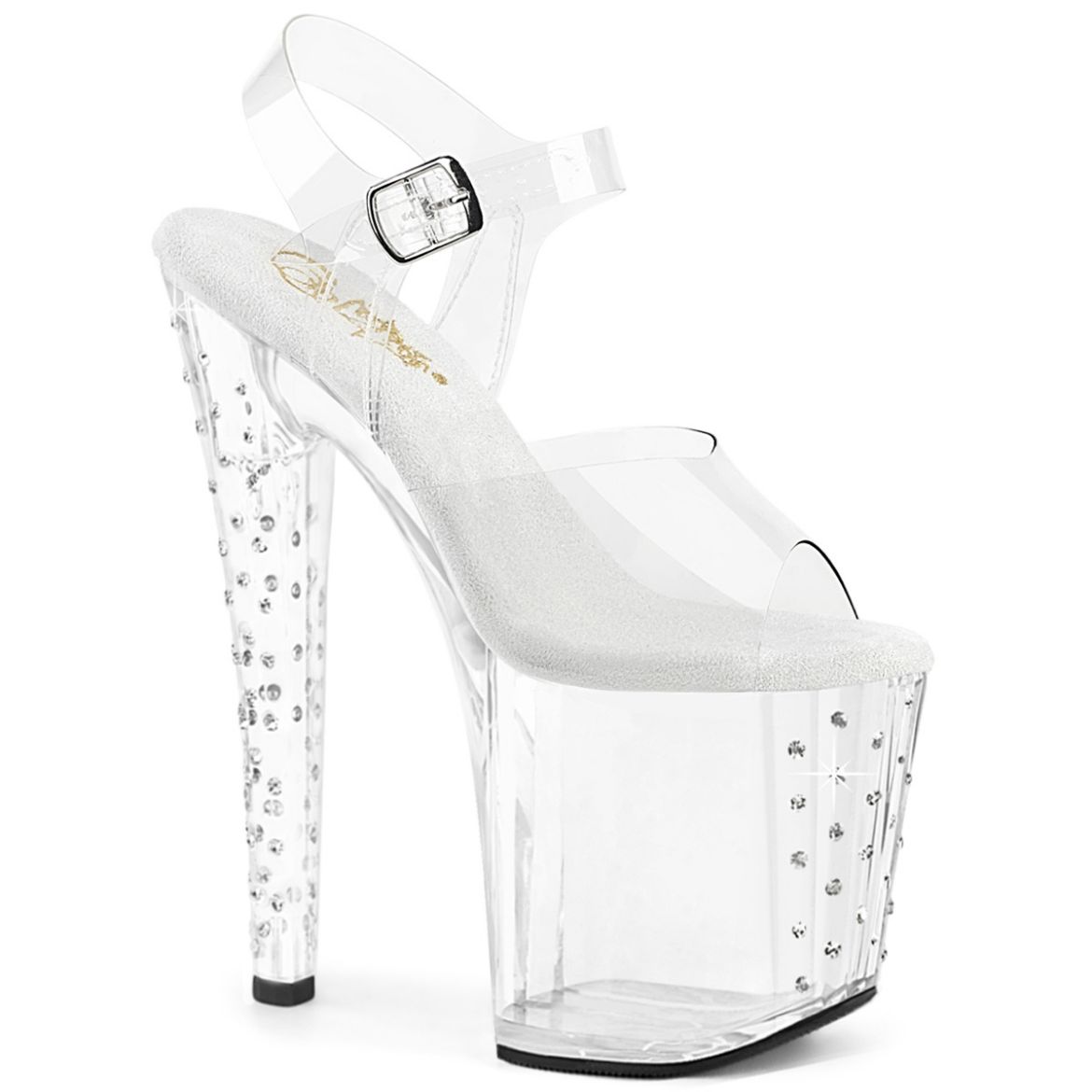 Product image of Pleaser ENCHANT-708RS Clr/Clr-RS 8 Inch Heel 3 3/4 Inch PF Ankle Strap Sandal w/RS on PF Bottom
