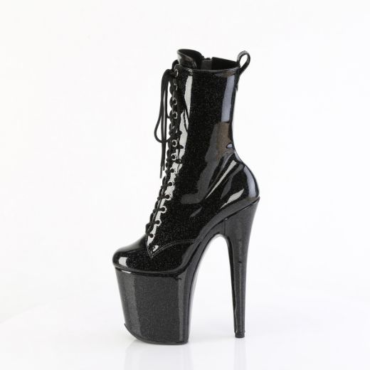 Product image of Pleaser FLAMINGO-1040GP Blk Glitter Pat/M 8 Inch Heel 4 Inch PF Lace Up Front Ankle Boot Side Zip