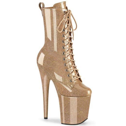 Product image of Pleaser FLAMINGO-1040GP Gold Glitter Pat/M 8 Inch Heel 4 Inch PF Lace Up Front Ankle Boot Side Zip