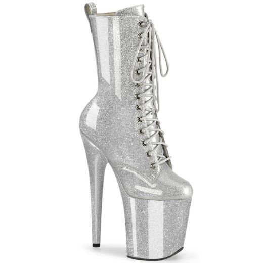 Product image of Pleaser FLAMINGO-1040GP Slv Glitter Pat/M 8 Inch Heel 4 Inch PF Lace Up Front Ankle Boot Side Zip