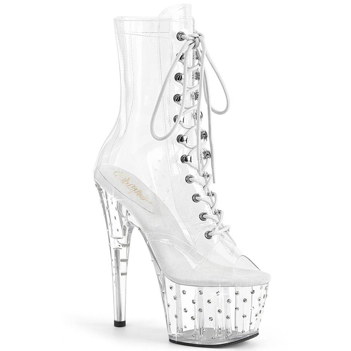 Product image of Pleaser STARDUST-1021C-7 Clr/Clr-RS 7 Inch Heel 2 3/4 Inch PF Lace Up Peep Toe Ankle Boot w/RS