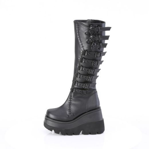Product image of Demonia SHAKER-232 Blk Vegan Leather 4 1/2 Inch Wedge PF Knee High Boot Inside Zip