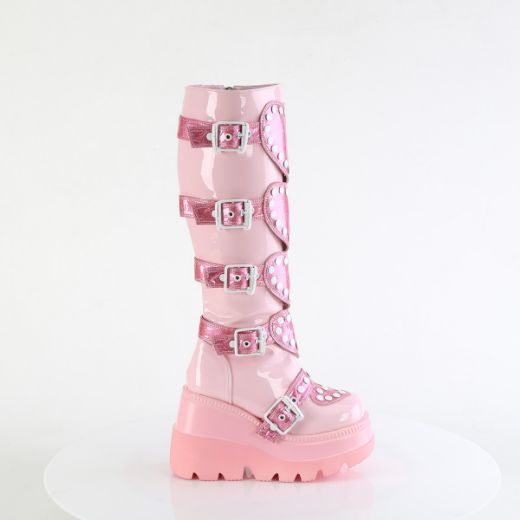 Product image of Demonia SHAKER-210 B. Pink Pat 4 1/2 Inch Wedge PF Knee High Boot Side Zip