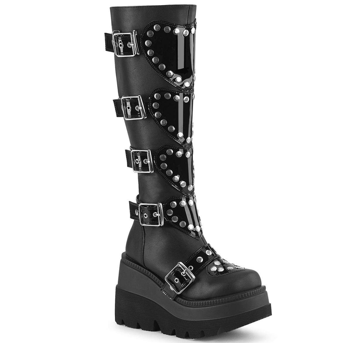 Product image of Demonia SHAKER-210 Blk Vegan Leather 4 1/2 Inch Wedge PF Knee High Boot Side Zip