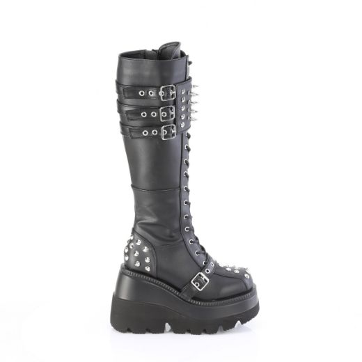 Product image of Demonia SHAKER-225 Blk Vegan Leather 4 1/2 Inch Wedge PF Lace-Up Knee High Boot Inside Zip