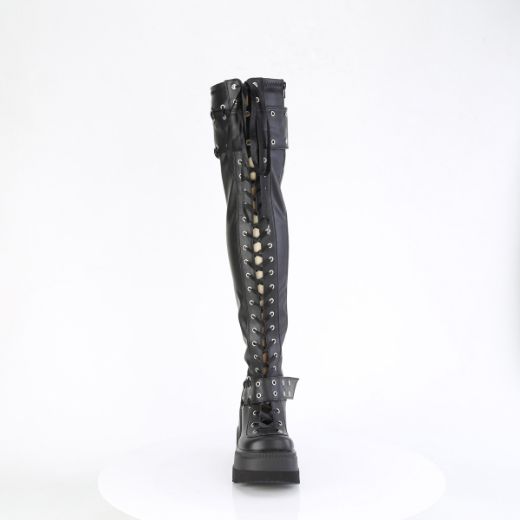 Product image of Demonia SHAKER-325 Blk Vegan Leather 4 1/2 Inch Wedge PF Lace-Up Stretch Thigh High Boot Side Zip