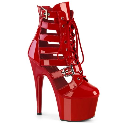 Product image of Pleaser ADORE-1013MST Red Pat/Red 7 Inch Heel 2 3/4 Inch PF Strappy Lace-Up Cage Bootie Back Zip