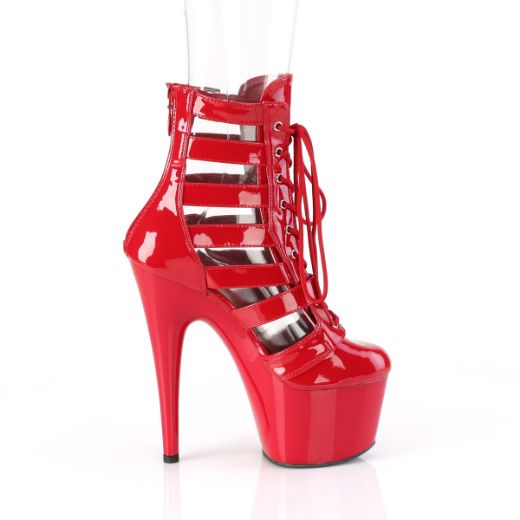 Product image of Pleaser ADORE-1013MST Red Pat/Red 7 Inch Heel 2 3/4 Inch PF Strappy Lace-Up Cage Bootie Back Zip