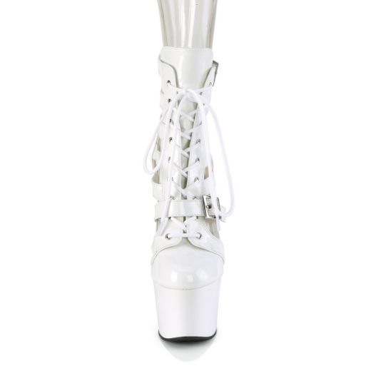 Product image of Pleaser ADORE-1013MST Wht Pat/Wht 7 Inch Heel 2 3/4 Inch PF Strappy Lace-Up Cage Bootie Back Zip