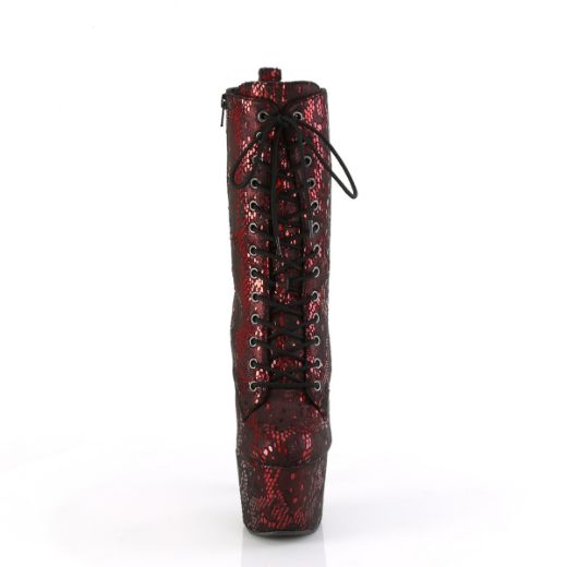 Product image of Pleaser ADORE-1040SPF Red Metallic Snake Print Fabric/M 7 Inch Heel 2 3/4 Inch PF Lace-Up Front Ankle Boot Side Zip