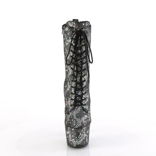 Product image of Pleaser ADORE-1040SPF Silver Metallic Holo Snake Print Fabric/ 7 Inch Heel 2 3/4 Inch PF Lace-Up Front Ankle Boot Side Zip