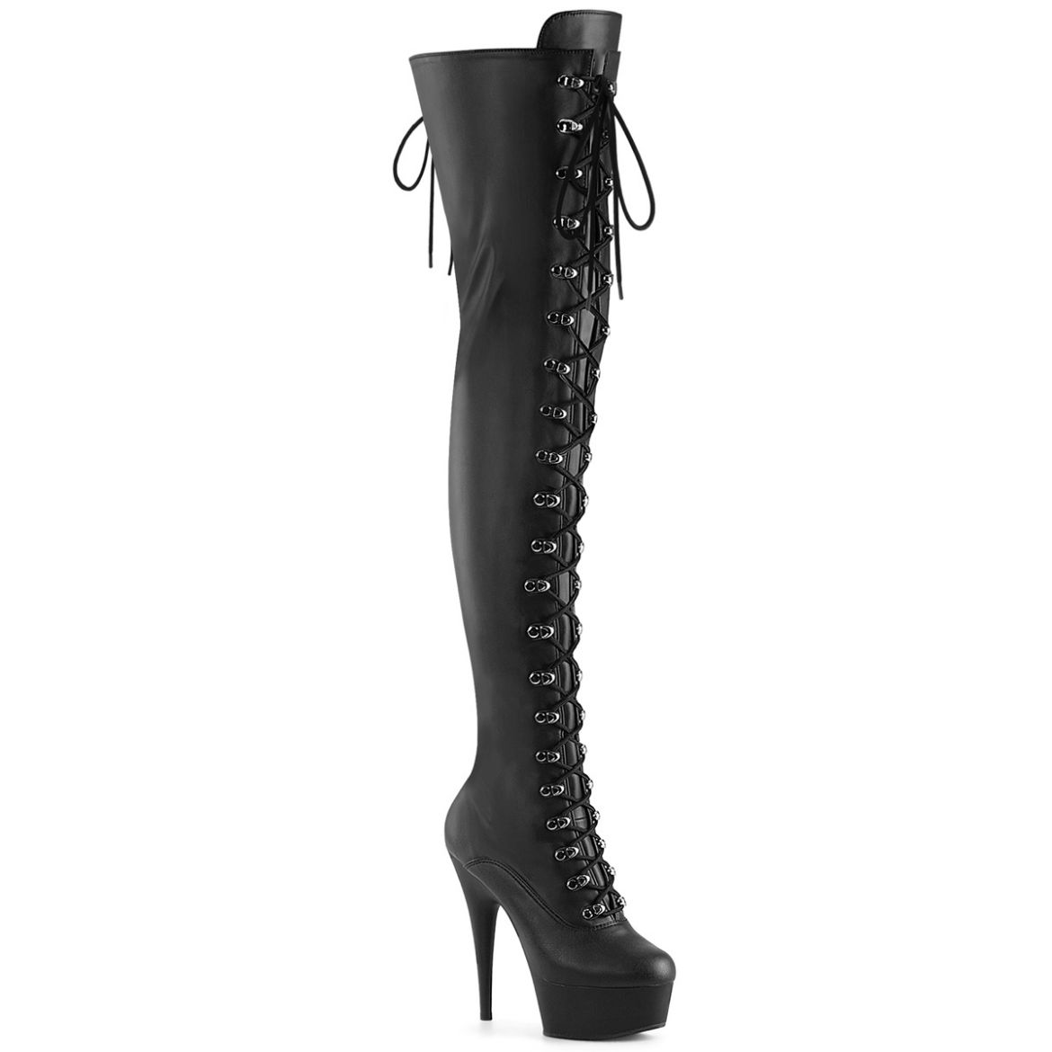 Product image of Pleaser DELIGHT-3022 Blk Faux Leather/Blk Matte 6 Inch Heel 1 3/4 Inch PF Lace-Up Thigh Boot 1/2 Inside Zip