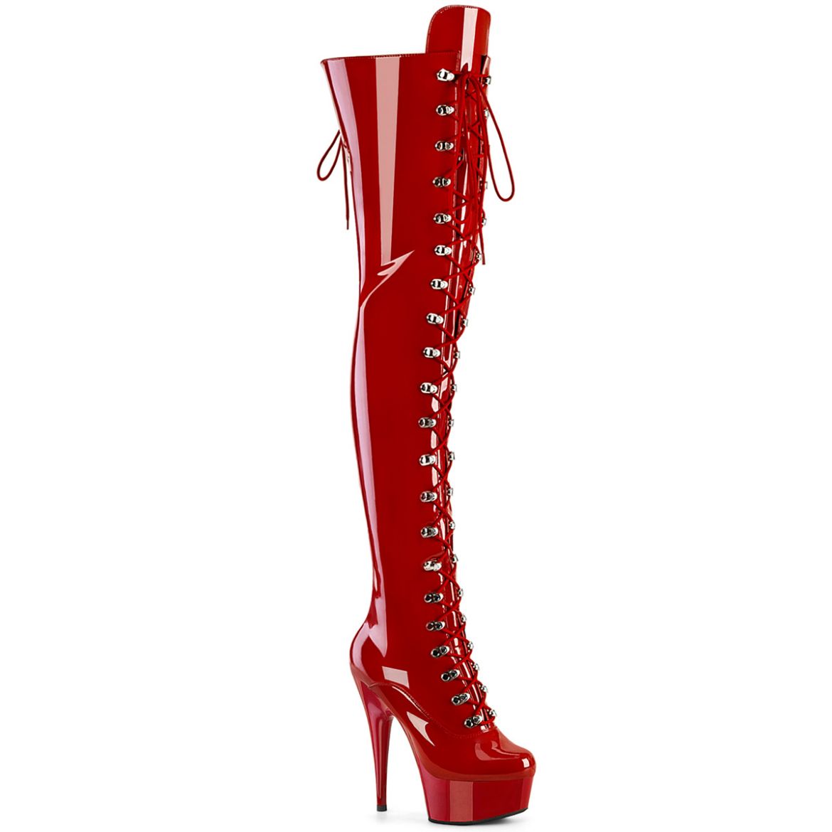 Product image of Pleaser DELIGHT-3022 Red Str Pat/Red 6 Inch Heel 1 3/4 Inch PF Lace-Up Thigh Boot 1/2 Inside Zip