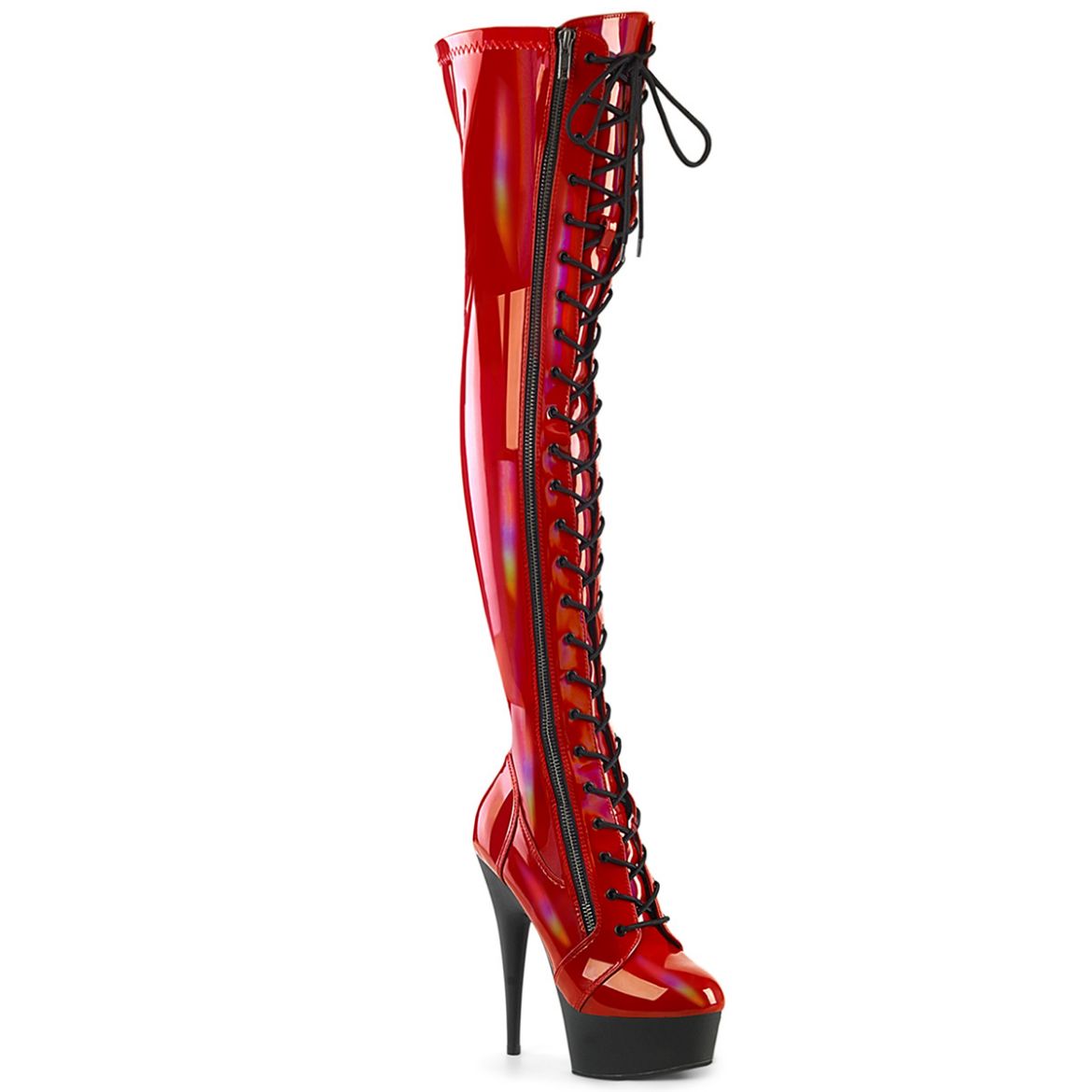 Product image of Pleaser DELIGHT-3029 Red Str Hologram Pat/Blk Matte 6 Inch Heel 1 3/4 Inch PF Stretch Lace-Up OTK Boot Outer Zip