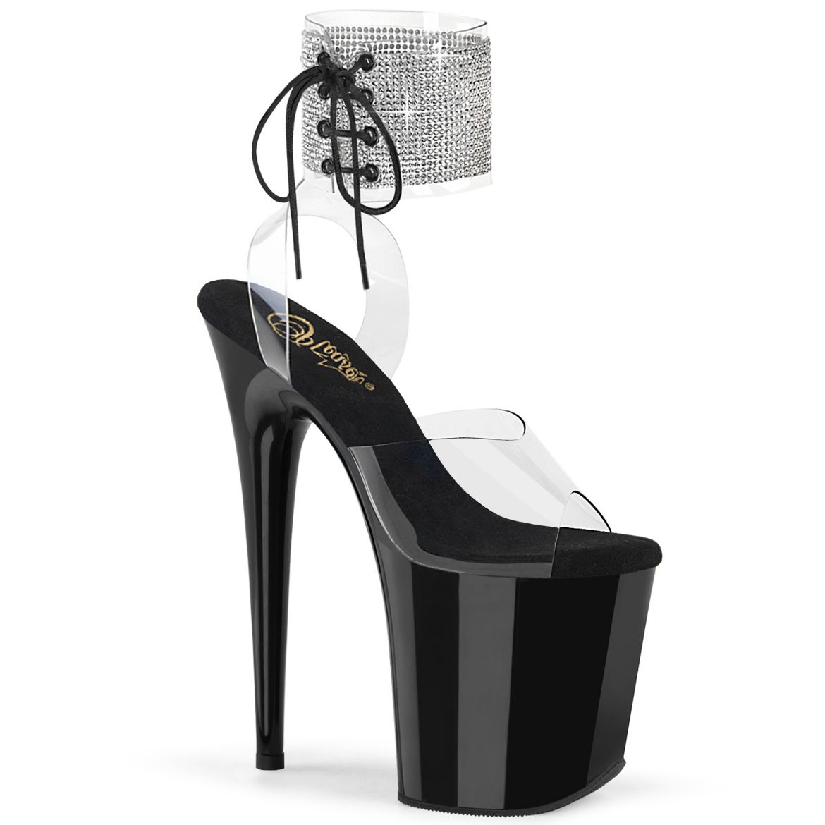Product image of Pleaser FLAMINGO-891-2RS Clr/Blk 8 Inch Heel 4 Inch PF Rhinestoned Ankle Cuff Sandal