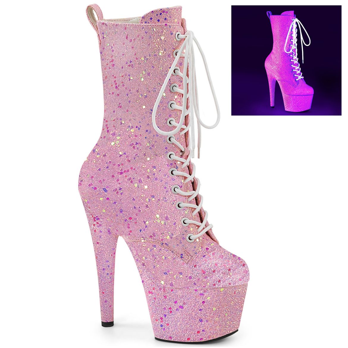 Product image of Pleaser ADORE-1040-IG Neon B. Pink Iridescent Glitter/M 7 Inch Heel 2 3/4 Inch PF Lace-Up Holo Glitter Ankle Boot Side Zip