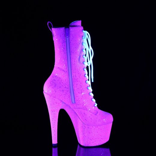 Product image of Pleaser ADORE-1040-IG Neon B. Pink Iridescent Glitter/M 7 Inch Heel 2 3/4 Inch PF Lace-Up Holo Glitter Ankle Boot Side Zip