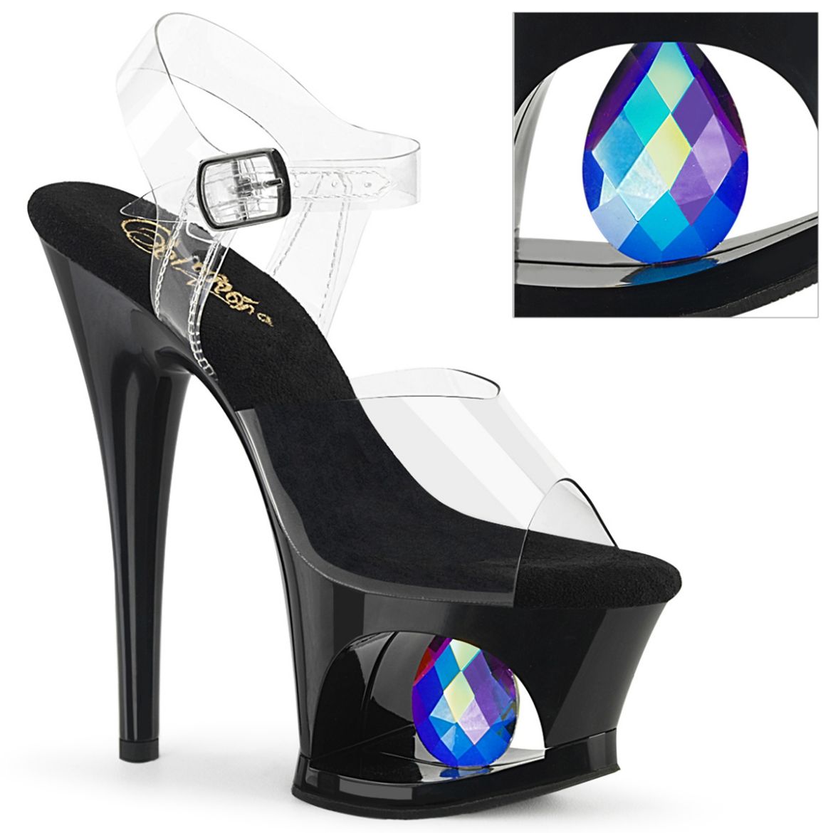 Product image of Pleaser MOON-708DIA Clr/Blk 7 Inch Heel 2 3/4 Inch Cut-Out PF Ankle Strap Sandal w/Prisms