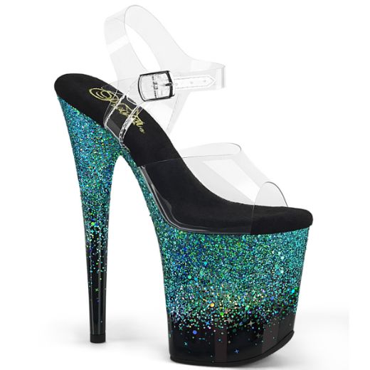 Product image of Pleaser FLAMINGO-808SS Clr/Blk-Turquoise Multi Glitter 8 Inch Heel 4 Inch PF Ankle Strap Sandal